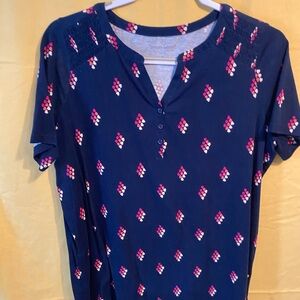 Woman Within Navy Short Sleeve Henley Tee with Pink And Yellow Print